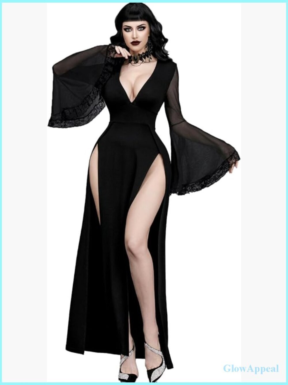 Gothic V-Neck High Slit Witch Sleeve Lace Patchwork Bridal Dress